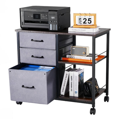 Metal File Cabinet, Mobile Filing Cabinet with 3 Fabric Drawers and 2 Open Shelves, Wooden Vertical Filing Storage Cabinets with Wheels for Letter, A4, Legal Size File, Easy Assembly, Brown