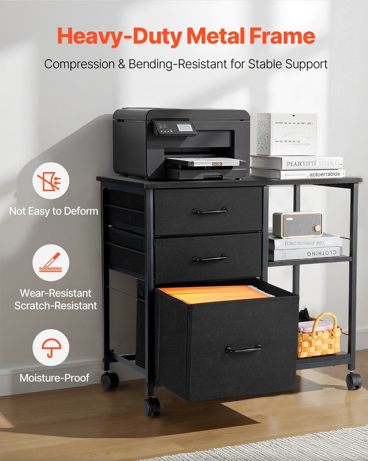 Metal File Cabinet, Mobile Filing Cabinet with 3 Fabric Drawers and 2 Open Shelves, Wooden Vertical Filing Storage Cabinets with Wheels for Letter, A4, Legal Size File, Easy Assembly, Black