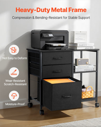 Metal File Cabinet, Mobile Filing Cabinet with 3 Fabric Drawers and 2 Open Shelves, Wooden Vertical Filing Storage Cabinets with Wheels for Letter, A4, Legal Size File, Easy Assembly, Black