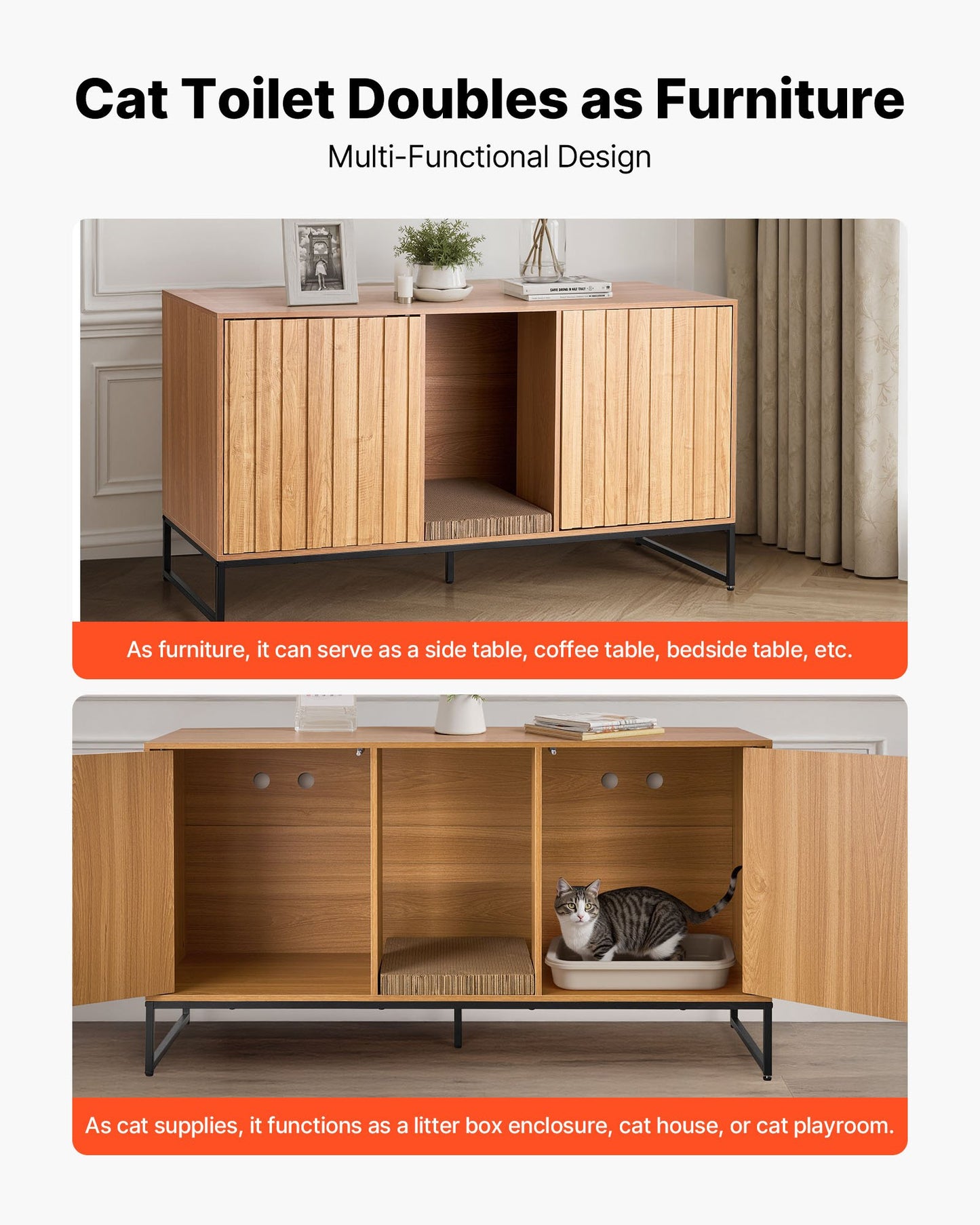 Cat Litter Box Enclosure Furniture, 120 cm Hidden Litter Box Cabinet with Scratch Pad & Storage, Waterproof Cat Washroom End Table Cat House, Fit Most of Litterbox, for Bedroom Living Room