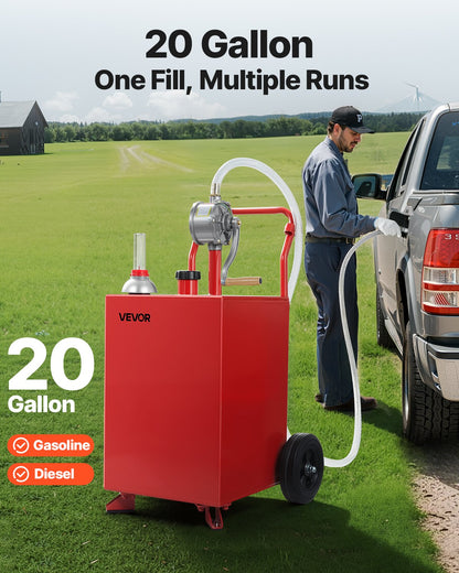 20 Gallon Fuel Caddy, Gasoline & Diesel Fuel Tank with Manual Transfer Pump, Portable Fuel Storage Tank with 2 Wheels & 10 ft Hose, Gas Caddy for Cars, Lawn Mowers, ATVs, Boats, More, Red