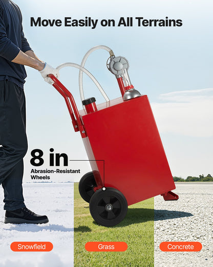 20 Gallon Fuel Caddy, Gasoline & Diesel Fuel Tank with Manual Transfer Pump, Portable Fuel Storage Tank with 2 Wheels & 10 ft Hose, Gas Caddy for Cars, Lawn Mowers, ATVs, Boats, More, Red