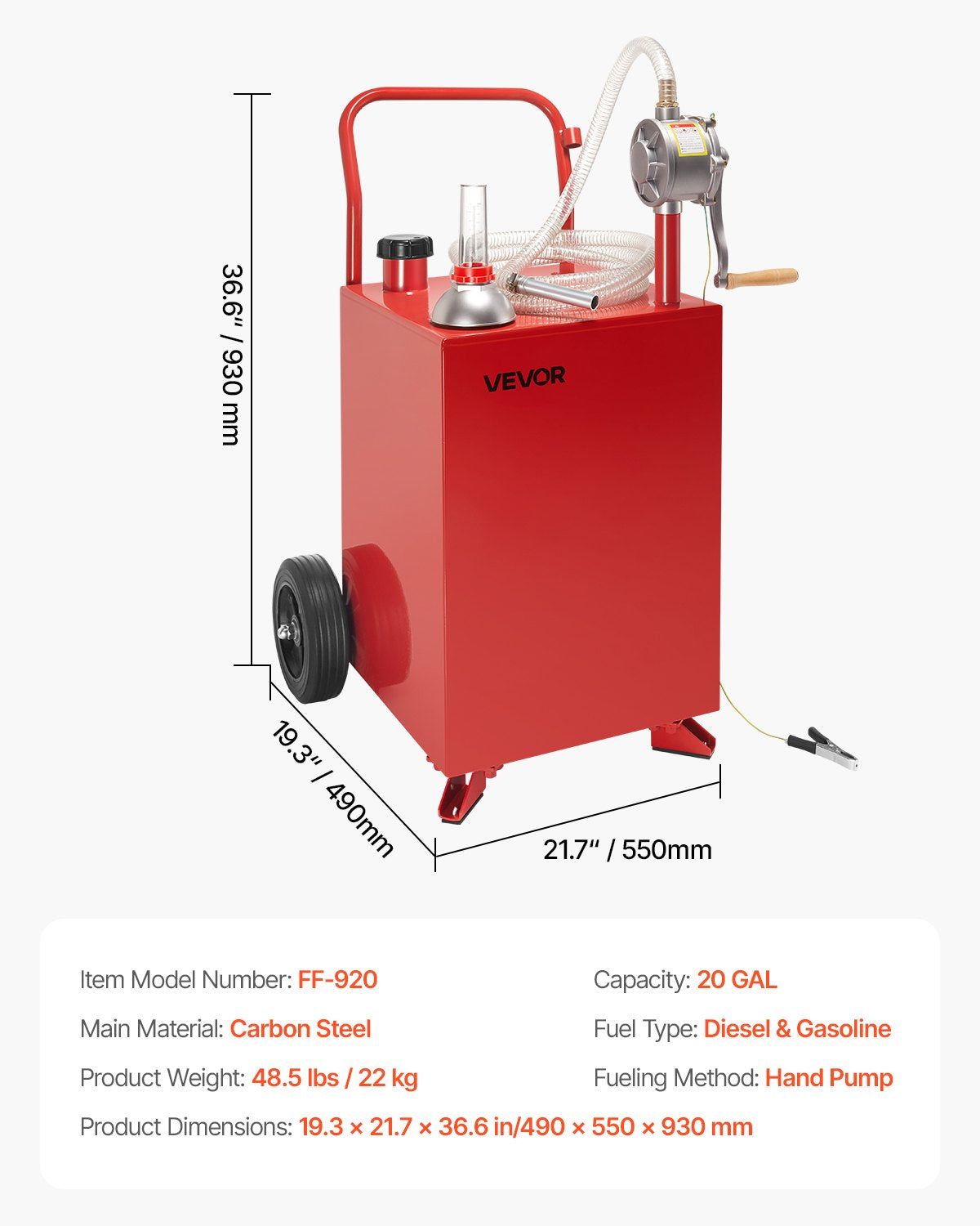 20 Gallon Fuel Caddy, Gasoline & Diesel Fuel Tank with Manual Transfer Pump, Portable Fuel Storage Tank with 2 Wheels & 10 ft Hose, Gas Caddy for Cars, Lawn Mowers, ATVs, Boats, More, Red