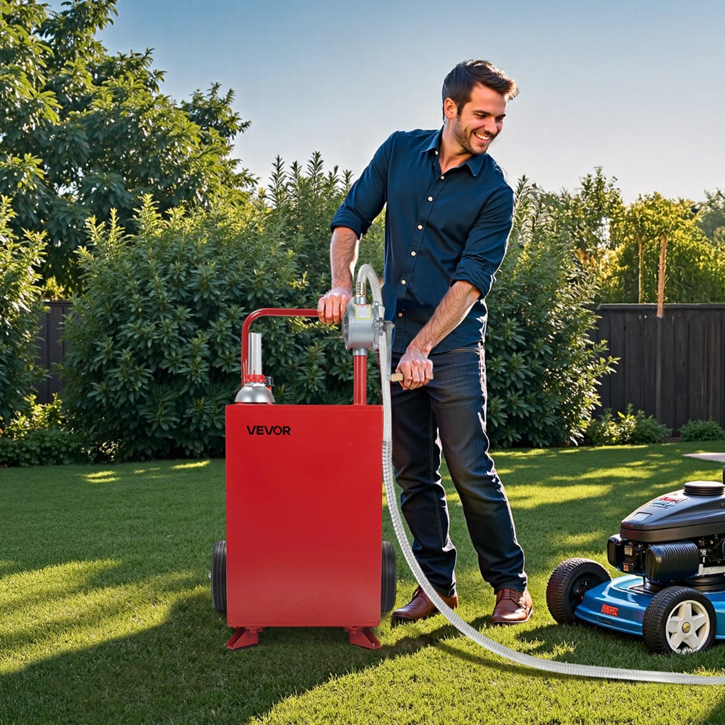 20 Gallon Fuel Caddy, Gasoline & Diesel Fuel Tank with Manual Transfer Pump, Portable Fuel Storage Tank with 2 Wheels & 10 ft Hose, Gas Caddy for Cars, Lawn Mowers, ATVs, Boats, More, Red