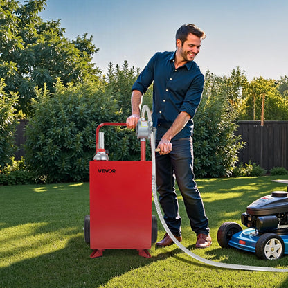 20 Gallon Fuel Caddy, Gasoline & Diesel Fuel Tank with Manual Transfer Pump, Portable Fuel Storage Tank with 2 Wheels & 10 ft Hose, Gas Caddy for Cars, Lawn Mowers, ATVs, Boats, More, Red