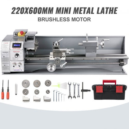 Mini-Metalldrehmaschine 750 W, Drehzahlvariable Metalldrehmaschine 50 bis 3000 U/min, Präzisionsdrehmaschine 220 x 600 mm für Metall, Metalldrehmaschine zum Senk- und Plandrehen, Bohren