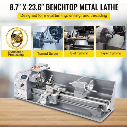 Mini-Metalldrehmaschine 750 W, Drehzahlvariable Metalldrehmaschine 50 bis 3000 U/min, Präzisionsdrehmaschine 220 x 600 mm für Metall, Metalldrehmaschine zum Senk- und Plandrehen, Bohren
