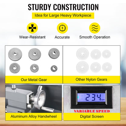 Mini-Metalldrehmaschine 750 W, Drehzahlvariable Metalldrehmaschine 50 bis 3000 U/min, Präzisionsdrehmaschine 220 x 600 mm für Metall, Metalldrehmaschine zum Senk- und Plandrehen, Bohren