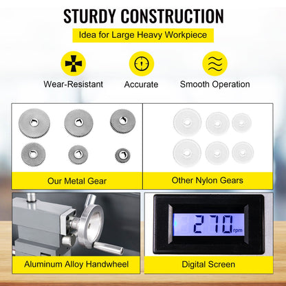 1100W Mini Metal Lathe 220MMx750MM Variable-Speed Metal Lathe RPM Metal Milling Machine Digital Milling Metal Lathe with 3-Jaw Chuck, MT5 Spindle Taper, MT2 Tailstock Taper