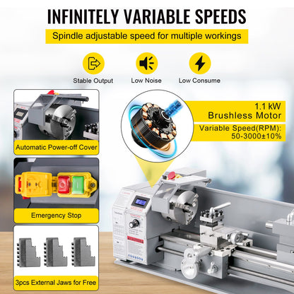 1100W Mini Metal Lathe 220MMx750MM Variable-Speed Metal Lathe RPM Metal Milling Machine Digital Milling Metal Lathe with 3-Jaw Chuck, MT5 Spindle Taper, MT2 Tailstock Taper