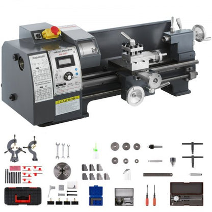 Updated 750W Mini Metal Lathe 8x16 Inch Metal Lathe with Luxury Accessory Box, 50-2500PRM Infinitely Variable Speeds MT3 Spindle Taper Metal Lathe Machine with Movable Lamp 4-jaw Chuck 9 Cutters
