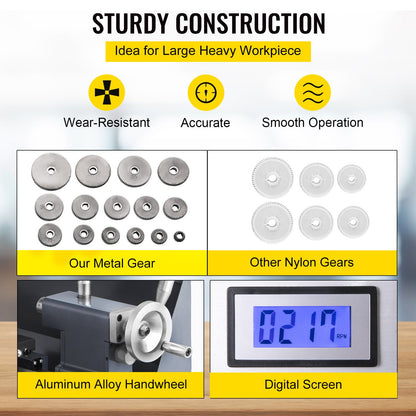 Updated 750W Mini Metal Lathe 8x16 Inch Metal Lathe with Luxury Accessory Box, 50-2500PRM Infinitely Variable Speeds MT3 Spindle Taper Metal Lathe Machine with Movable Lamp 4-jaw Chuck 9 Cutters