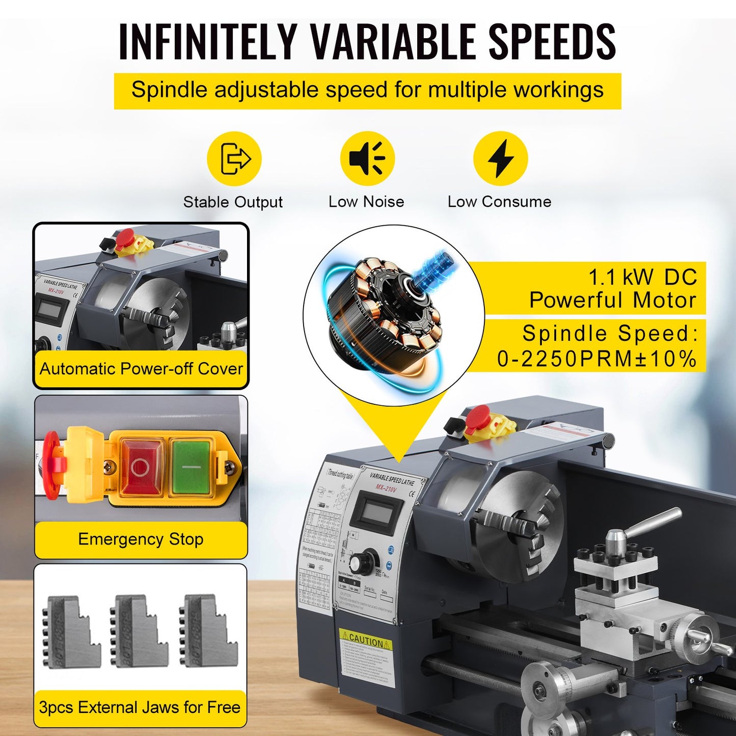 Updated 750W Mini Metal Lathe 8x16 Inch Metal Lathe with Luxury Accessory Box, 50-2500PRM Infinitely Variable Speeds MT3 Spindle Taper Metal Lathe Machine with Movable Lamp 4-jaw Chuck 9 Cutters