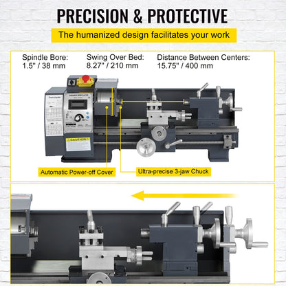 Updated 750W Mini Metal Lathe 8x16 Inch Metal Lathe with Luxury Accessory Box, 50-2500PRM Infinitely Variable Speeds MT3 Spindle Taper Metal Lathe Machine with Movable Lamp 4-jaw Chuck 9 Cutters