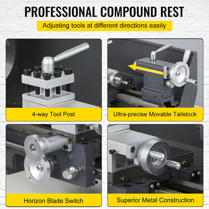 Updated 750W Mini Metal Lathe 8x16 Inch Metal Lathe with Luxury Accessory Box, 50-2500PRM Infinitely Variable Speeds MT3 Spindle Taper Metal Lathe Machine with Movable Lamp 4-jaw Chuck 9 Cutters