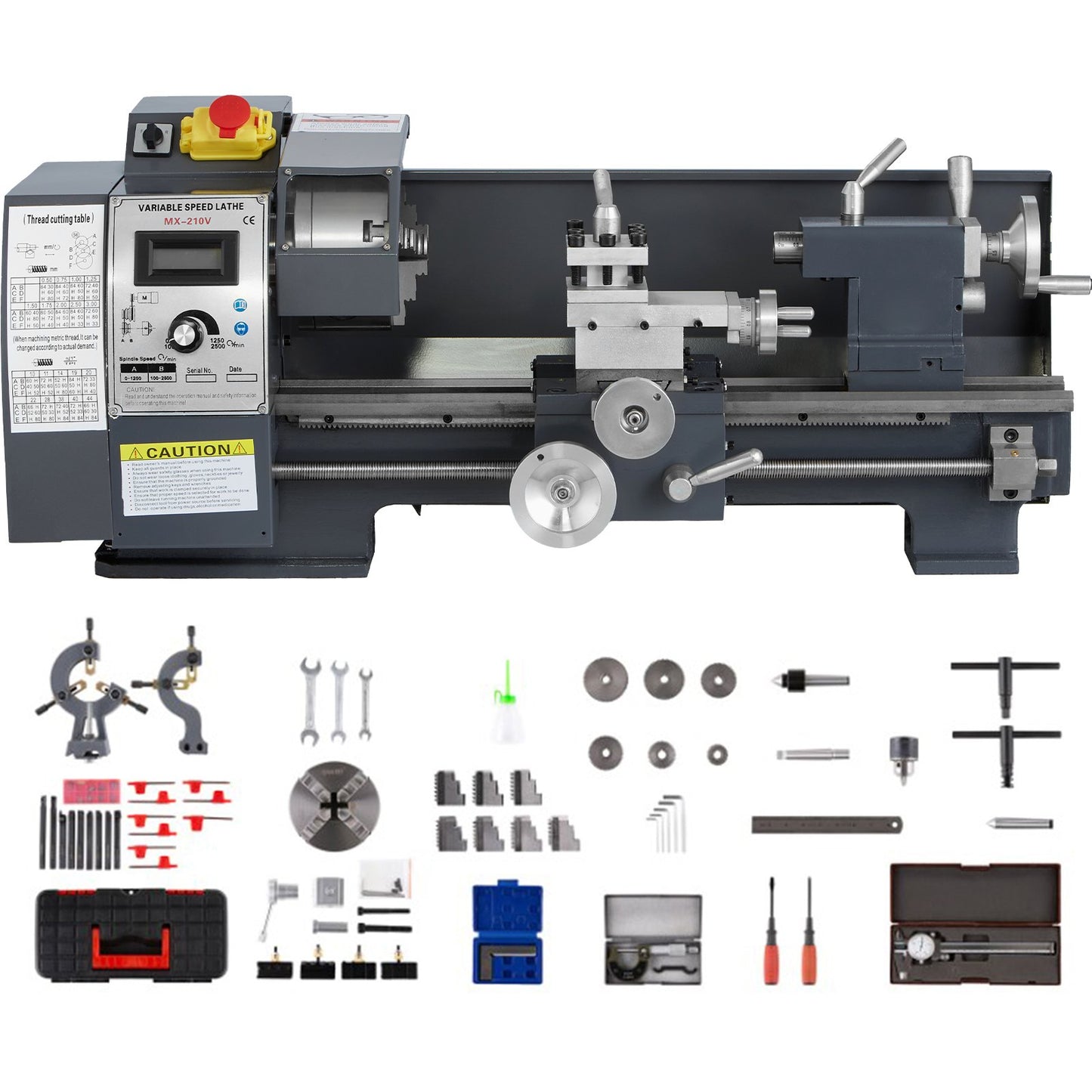 Updated 750W Mini Metal Lathe 8x16 Inch Metal Lathe with Luxury Accessory Box, 50-2500PRM Infinitely Variable Speeds MT3 Spindle Taper Metal Lathe Machine with Movable Lamp 4-jaw Chuck 9 Cutters