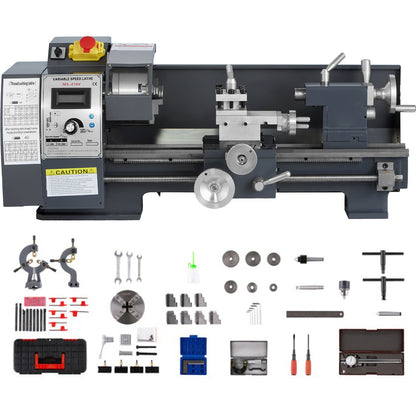 Updated 750W Mini Metal Lathe 8x16 Inch Metal Lathe with Luxury Accessory Box, 50-2500PRM Infinitely Variable Speeds MT3 Spindle Taper Metal Lathe Machine with Movable Lamp 4-jaw Chuck 9 Cutters