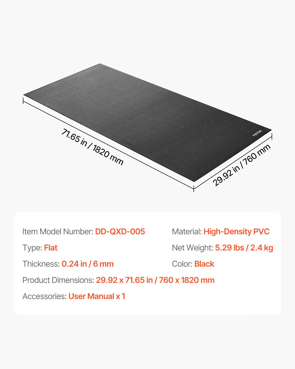 Treadmill Mat for Carpet Floor, 6 mm Thick, 760x1820 mm Exercise Equipment Mat for Treadmills, Stationary, Recumbent Bikes, High Density PVC Floor Protector, Waterproof and Non-slip for Home Gym
