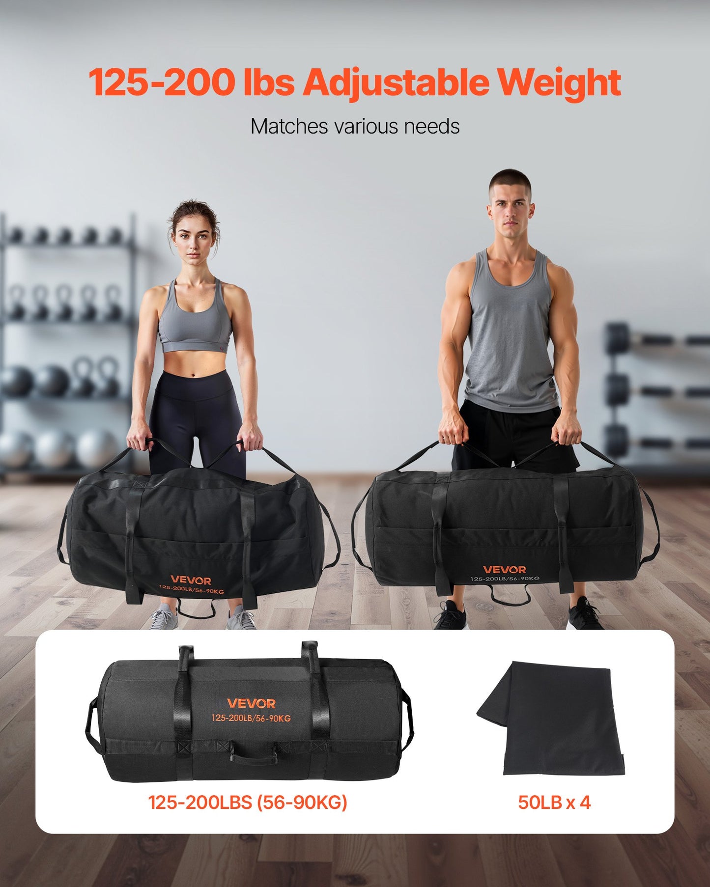 Workout Sandbag, Heavy Duty Workout Power Bags with Handles, 56-90 kg Adjustable Slam Bag for Fitness Strength Weight Training Cross-Training, Home Gym Exercise, Black (Unfilled)
