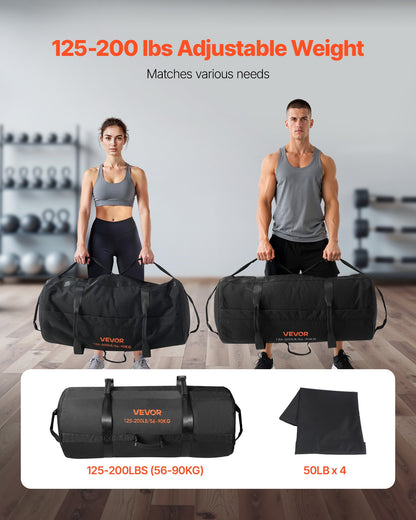 Workout Sandbag, Heavy Duty Workout Power Bags with Handles, 56-90 kg Adjustable Slam Bag for Fitness Strength Weight Training Cross-Training, Home Gym Exercise, Black (Unfilled)