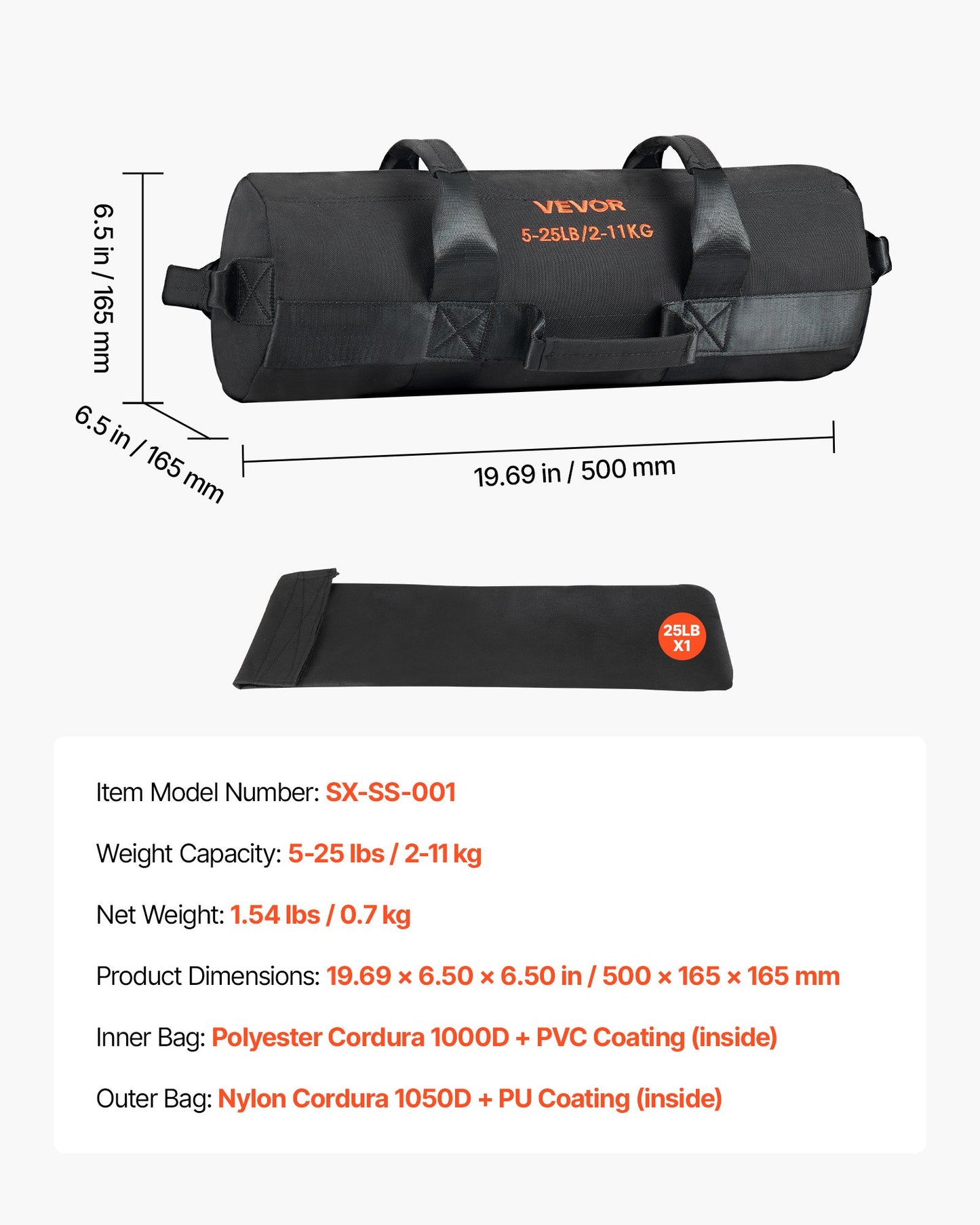 Workout Sandbag, Heavy Duty Workout Power Bags with Handles, 2-11 kg Adjustable Slam Bag for Fitness Strength Weight Training Cross-Training, Home Gym Exercise, Black (Unfilled)