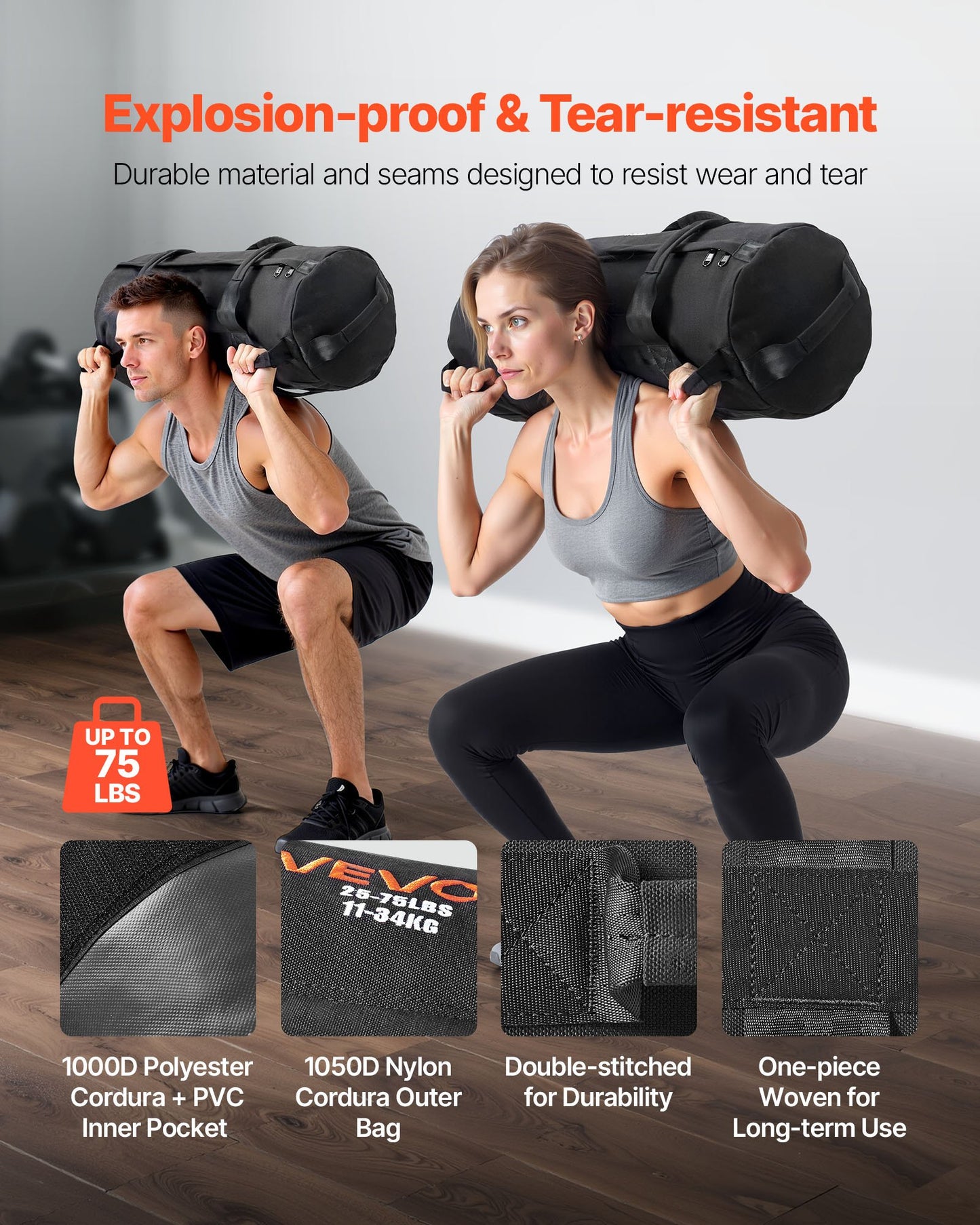 Workout Sandbag, Heavy Duty Workout Power Bags with Handles, 11-34 kg Adjustable Slam Bag for Fitness Strength Weight Training Cross-Training, Home Gym Exercise, Black (Unfilled)