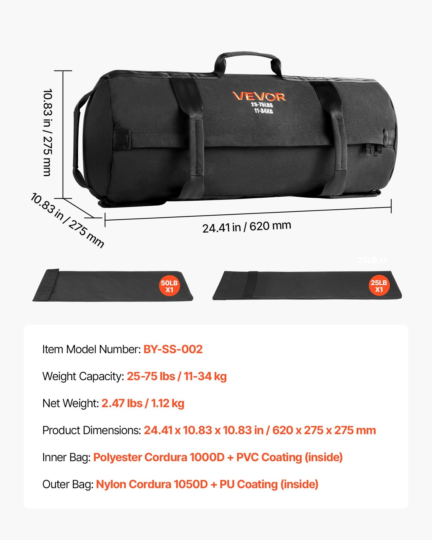 Workout Sandbag, Heavy Duty Workout Power Bags with Handles, 11-34 kg Adjustable Slam Bag for Fitness Strength Weight Training Cross-Training, Home Gym Exercise, Black (Unfilled)