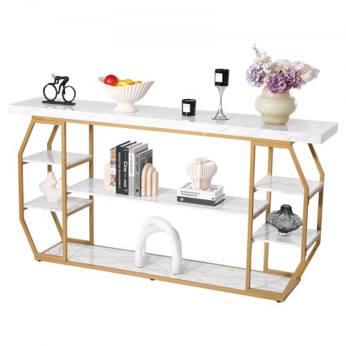 Marble Console Table, 3 Tiers Modern Console Table for Open Storage, Golden Geometric Table with Iron Tubes, Anti-Tip Device and Triangular Support for Living Room, Hallway, Entryway, Foyer