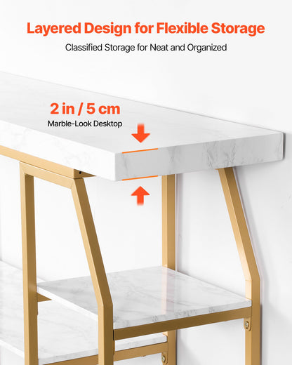 Marble Console Table, 3 Tiers Modern Console Table for Open Storage, Golden Geometric Table with Iron Tubes, Anti-Tip Device and Triangular Support for Living Room, Hallway, Entryway, Foyer