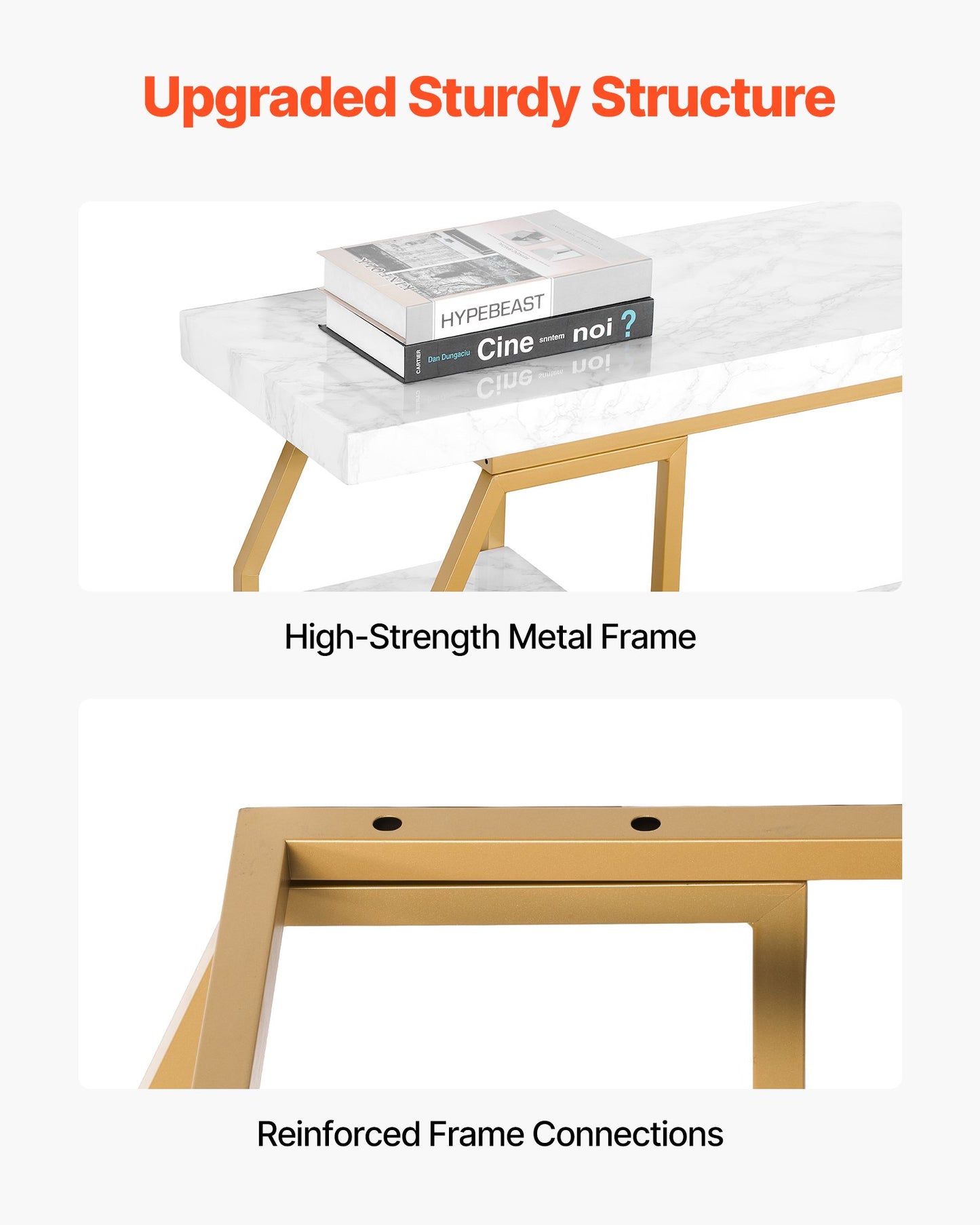 Marble Console Table, 3 Tiers Modern Console Table for Open Storage, Golden Geometric Table with Iron Tubes, Anti-Tip Device and Triangular Support for Living Room, Hallway, Entryway, Foyer