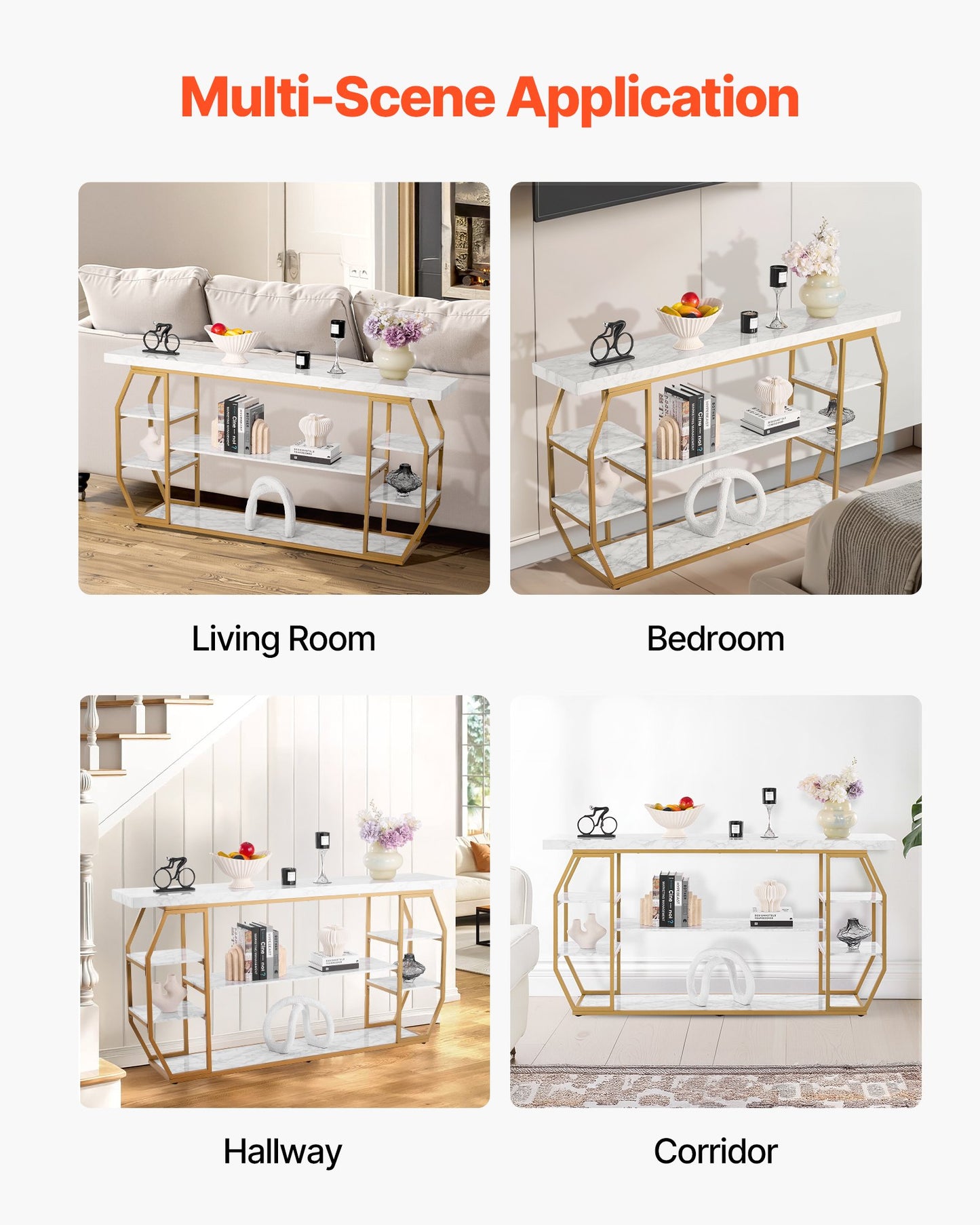 Marble Console Table, 3 Tiers Modern Console Table for Open Storage, Golden Geometric Table with Iron Tubes, Anti-Tip Device and Triangular Support for Living Room, Hallway, Entryway, Foyer