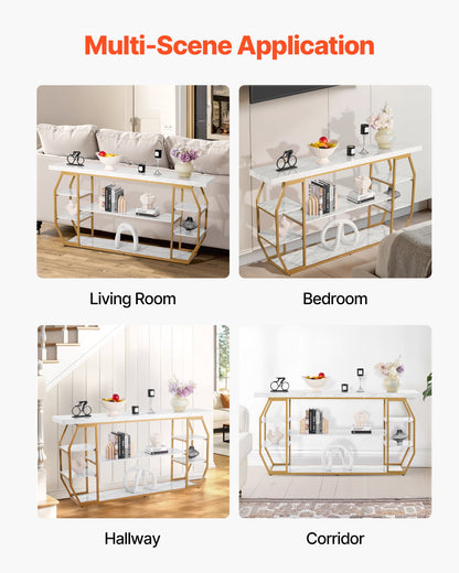 Marble Console Table, 3 Tiers Modern Console Table for Open Storage, Golden Geometric Table with Iron Tubes, Anti-Tip Device and Triangular Support for Living Room, Hallway, Entryway, Foyer