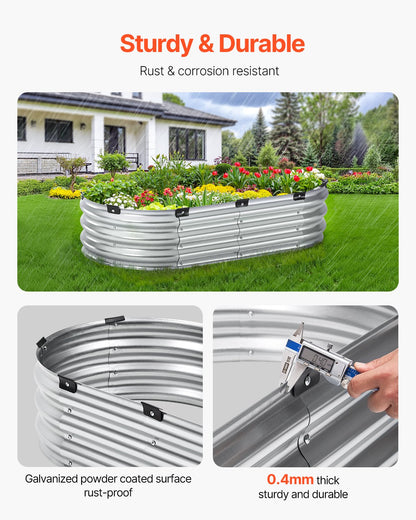 Metal Raised Garden Bed, 4 x 2 x 1 ft Outdoor Galvanized Planter Box, with Open Bottom, Large Oval Planter Raised Bed for Gardening Vegetables, Flowers, Herbs, and Succulent Plants, Silver