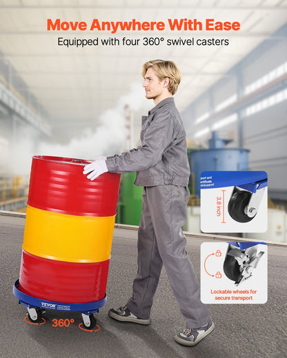 55 Gallon Drum Dolly, 2000 lbs Load Capacity, Heavy-Duty Barrel Dolly with Cross Braces and 4 Swivel Caster Wheels, Non Tipping Hand Truck Capacity Dollies for Warehouse Drum Handling, Blue