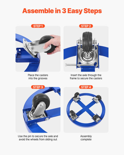 55 Gallon Drum Dolly, 2000 lbs Load Capacity, Heavy-Duty Barrel Dolly with Cross Braces and 4 Swivel Caster Wheels, Non Tipping Hand Truck Capacity Dollies for Warehouse Drum Handling, Blue