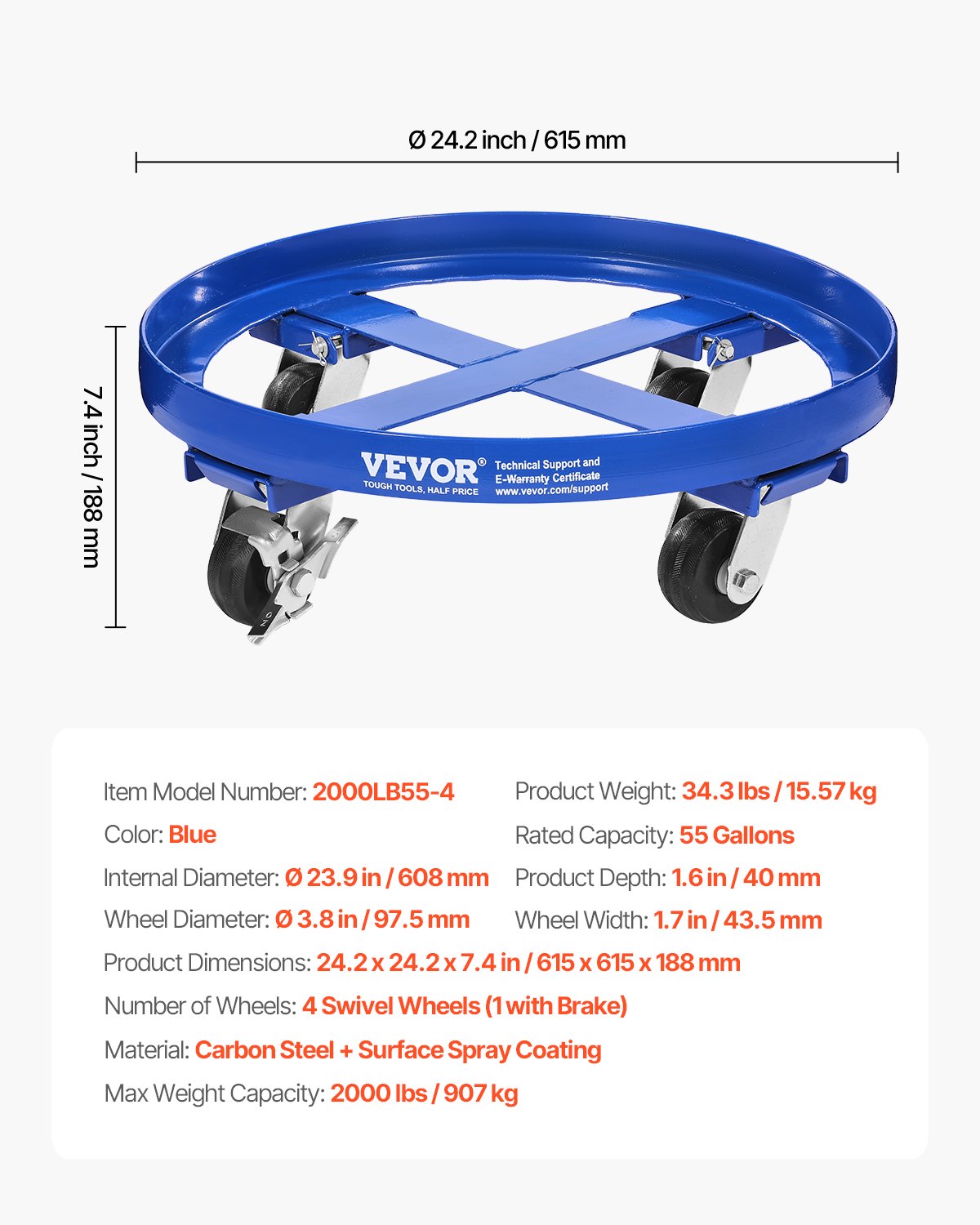 55 Gallon Drum Dolly, 2000 lbs Load Capacity, Heavy-Duty Barrel Dolly with Cross Braces and 4 Swivel Caster Wheels, Non Tipping Hand Truck Capacity Dollies for Warehouse Drum Handling, Blue