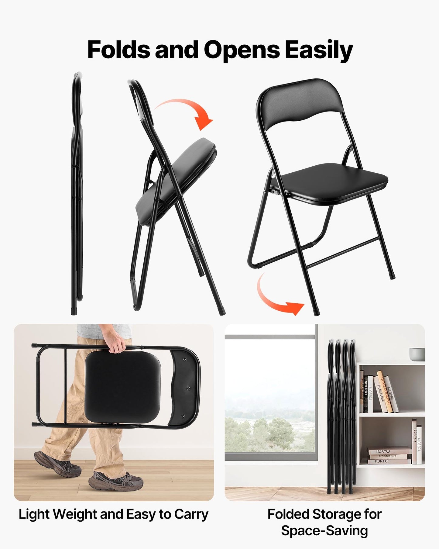 4 Pack Folding Chairs, Foldable Leather Chairs with Heavy Duty Metal Frame & Padded Cushion, Portable Folding Card Table Chairs, Stackable Seats for Home, Yard, Garden, Parties, Events, Black