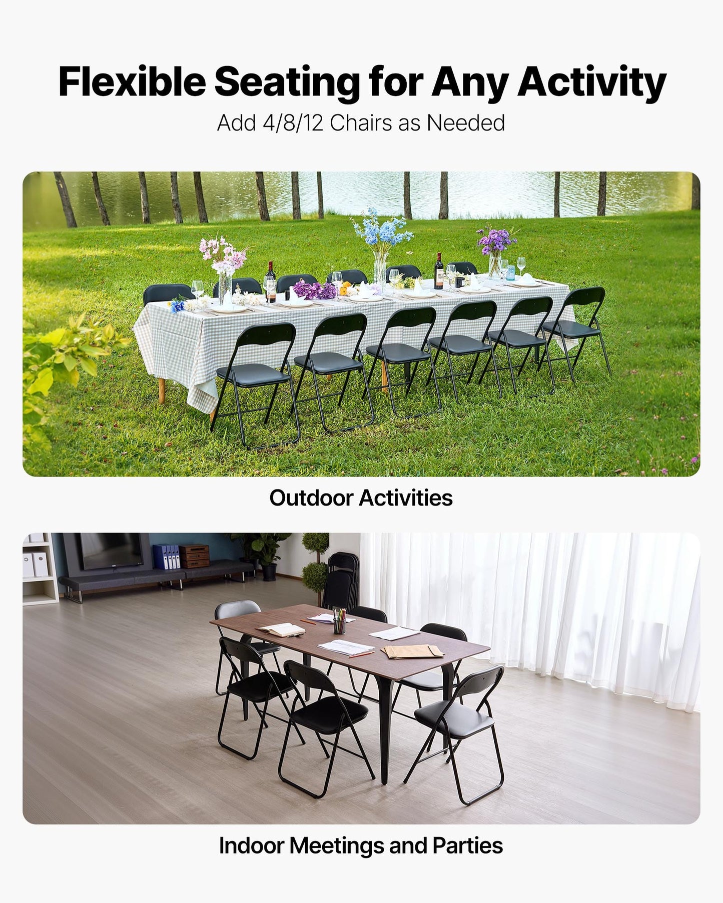 4 Pack Folding Chairs, Foldable Leather Chairs with Heavy Duty Metal Frame & Padded Cushion, Portable Folding Card Table Chairs, Stackable Seats for Home, Yard, Garden, Parties, Events, Black