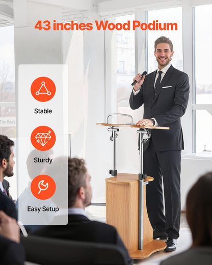 Podium Stand, 1100 mm Wooden Lectern, Portable Laptop Desk with Lockable Wheels, Wide Reading Surface and Open Storage Area, Adjustable Height and Angle, for Speeches, Lectures, or Presentations