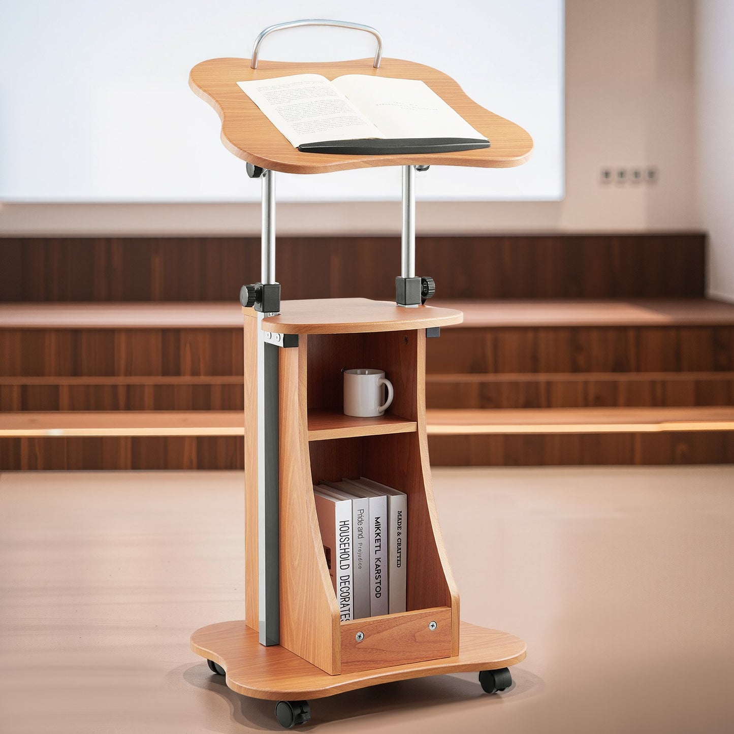 Podium Stand, 1100 mm Wooden Lectern, Portable Laptop Desk with Lockable Wheels, Wide Reading Surface and Open Storage Area, Adjustable Height and Angle, for Speeches, Lectures, or Presentations