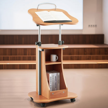 Podium Stand, 1100 mm Wooden Lectern, Portable Laptop Desk with Lockable Wheels, Wide Reading Surface and Open Storage Area, Adjustable Height and Angle, for Speeches, Lectures, or Presentations