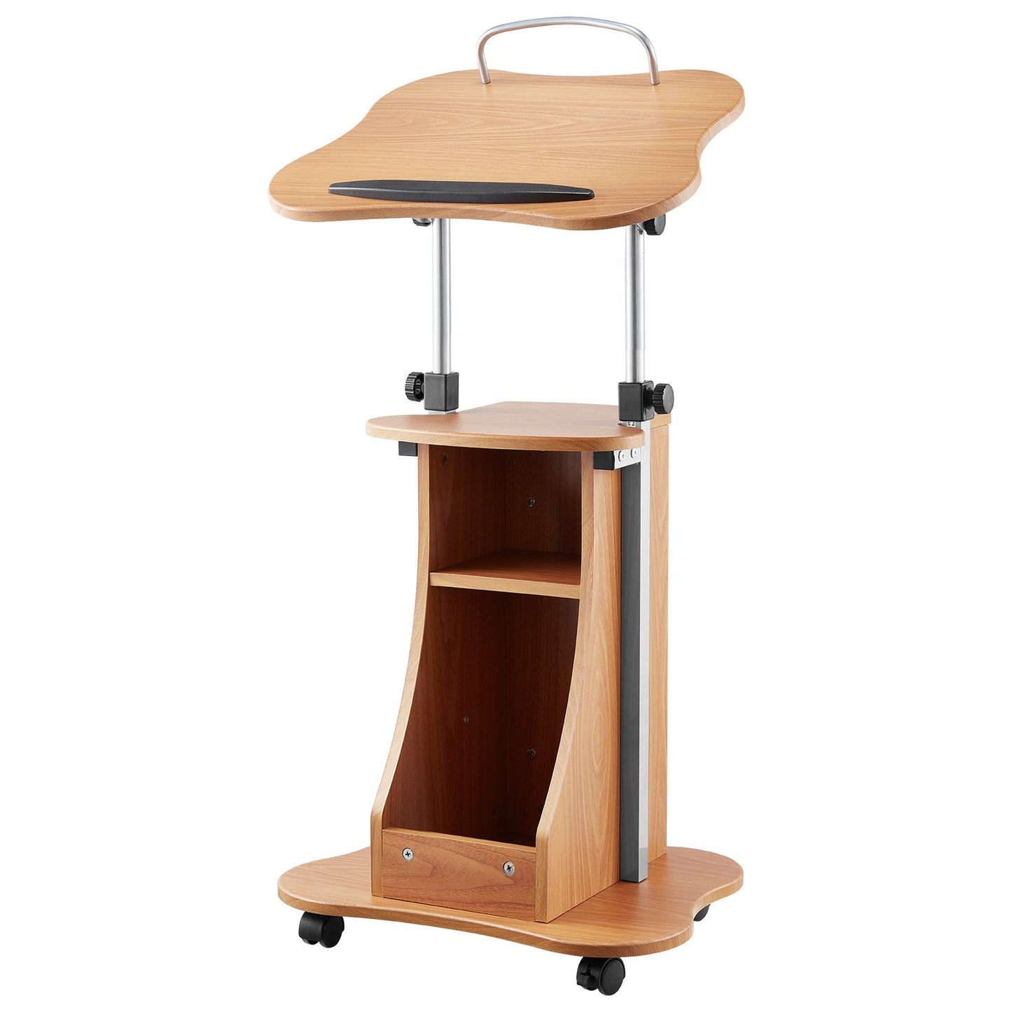Podium Stand, 1100 mm Wooden Lectern, Portable Laptop Desk with Lockable Wheels, Wide Reading Surface and Open Storage Area, Adjustable Height and Angle, for Speeches, Lectures, or Presentations