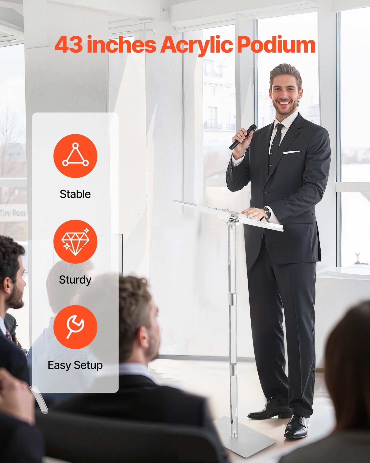 Podium Stand, 1100 mm Acrylic Lectern, Portable Laptop Desk with Wide Reading Surface, Book Clips, Adjustable Angle, Floor-Standing, for Classroom, Wedding, Conference, Lecture and Concert