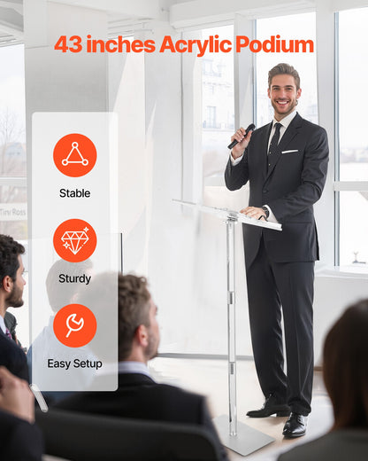 Podium Stand, 1100 mm Acrylic Lectern, Portable Laptop Desk with Wide Reading Surface, Book Clips, Adjustable Angle, Floor-Standing, for Classroom, Wedding, Conference, Lecture and Concert