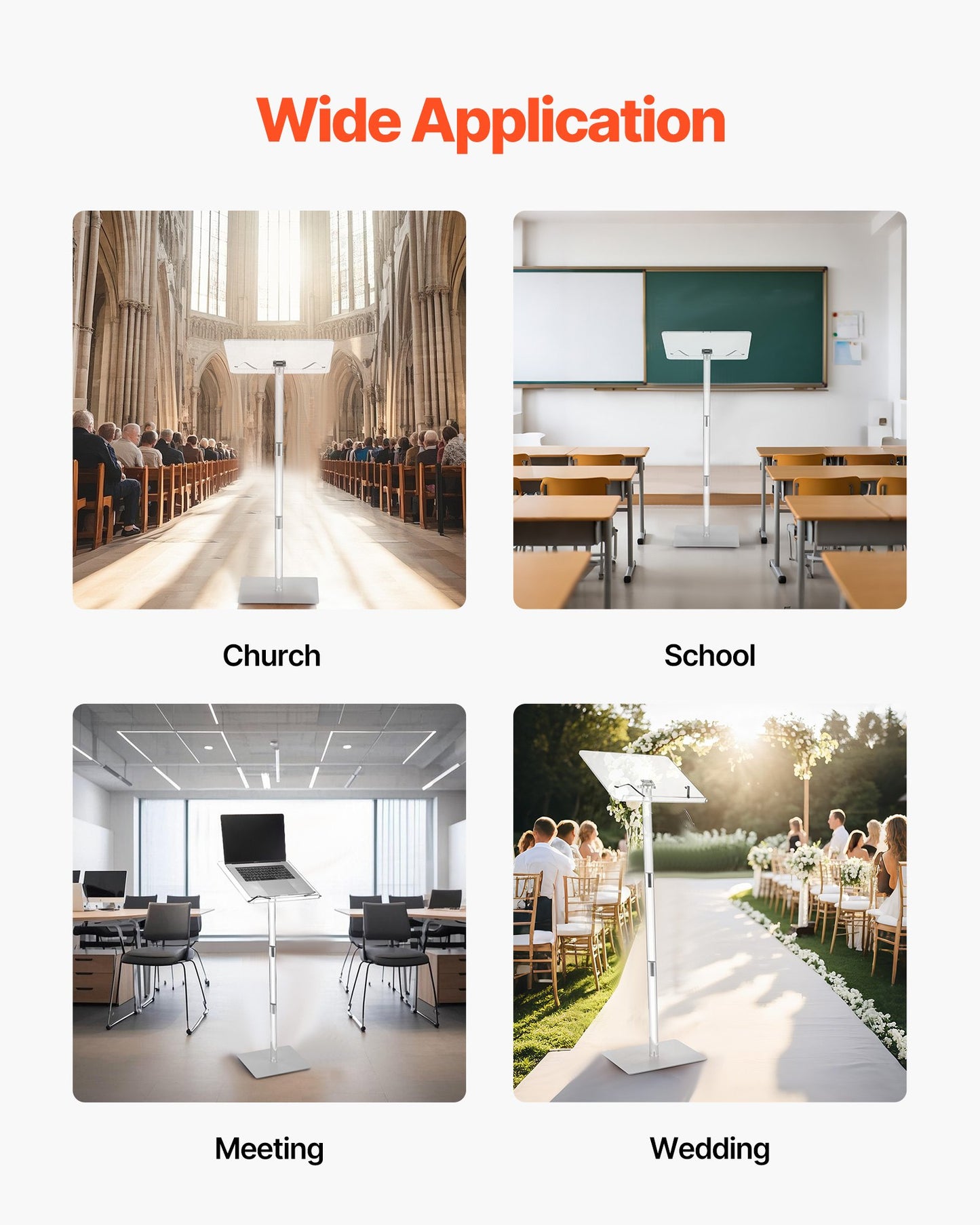 Podium Stand, 1100 mm Acrylic Lectern, Portable Laptop Desk with Wide Reading Surface, Book Clips, Adjustable Angle, Floor-Standing, for Classroom, Wedding, Conference, Lecture and Concert