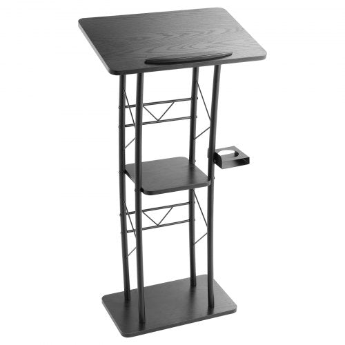 Podium Stand, 1180 mm Metal Lectern, Curved Standing Podium with Wide Reading Surface, Open Storage Compartment, Book Stopper, Cup Holder, for Classroom, Wedding, Conference, Speech, Concert