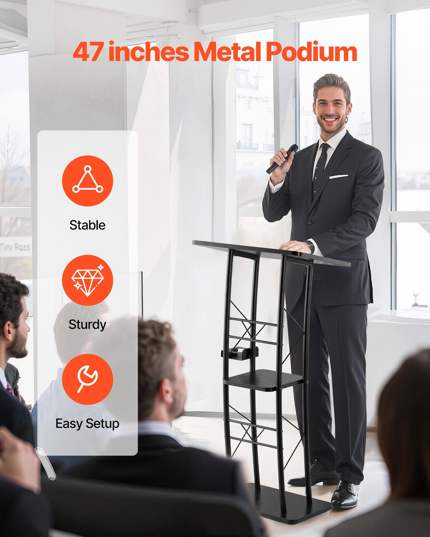 Podium Stand, 1180 mm Metal Lectern, Curved Standing Podium with Wide Reading Surface, Open Storage Compartment, Book Stopper, Cup Holder, for Classroom, Wedding, Conference, Speech, Concert