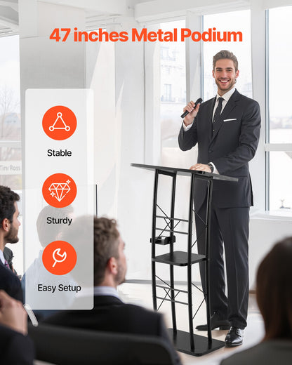 Podium Stand, 1180 mm Metal Lectern, Curved Standing Podium with Wide Reading Surface, Open Storage Compartment, Book Stopper, Cup Holder, for Classroom, Wedding, Conference, Speech, Concert