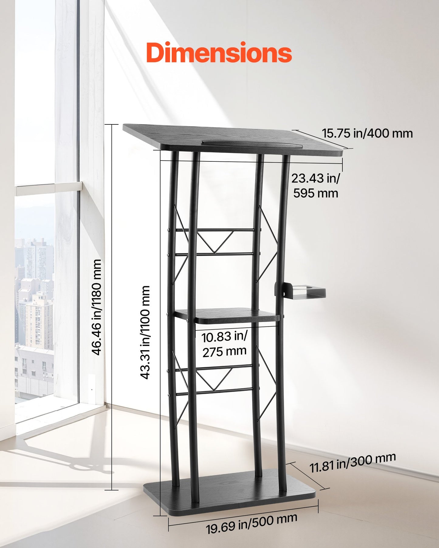 Podium Stand, 1180 mm Metal Lectern, Curved Standing Podium with Wide Reading Surface, Open Storage Compartment, Book Stopper, Cup Holder, for Classroom, Wedding, Conference, Speech, Concert