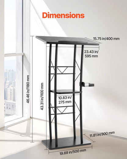 Podium Stand, 1180 mm Metal Lectern, Curved Standing Podium with Wide Reading Surface, Open Storage Compartment, Book Stopper, Cup Holder, for Classroom, Wedding, Conference, Speech, Concert